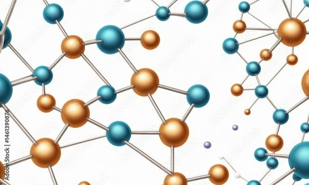 Obraz premium Abstract Molecular Structure: Interconnected Spheres in Teal and Gold