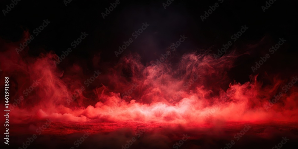 Mysterious, ethereal mist rises from a dark, black background with a red gradient Mysterious, ethereal mist rises from a dark, black background with a red gradient