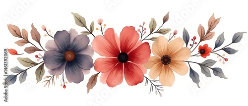 Watercolor Floral Arrangement: Elegant Bloom Cluster with Delicate Leaves, Rustic Hues, and Gentle Textures on White Backdrop for Creative Design Use.