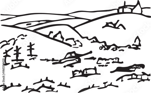A simple black and white sketch depicts a rolling hillside with scattered stylized trees.