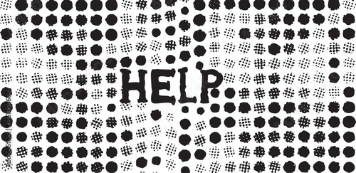 A stark black and white displays the word 'HELP' overlaid on a of circular dots.