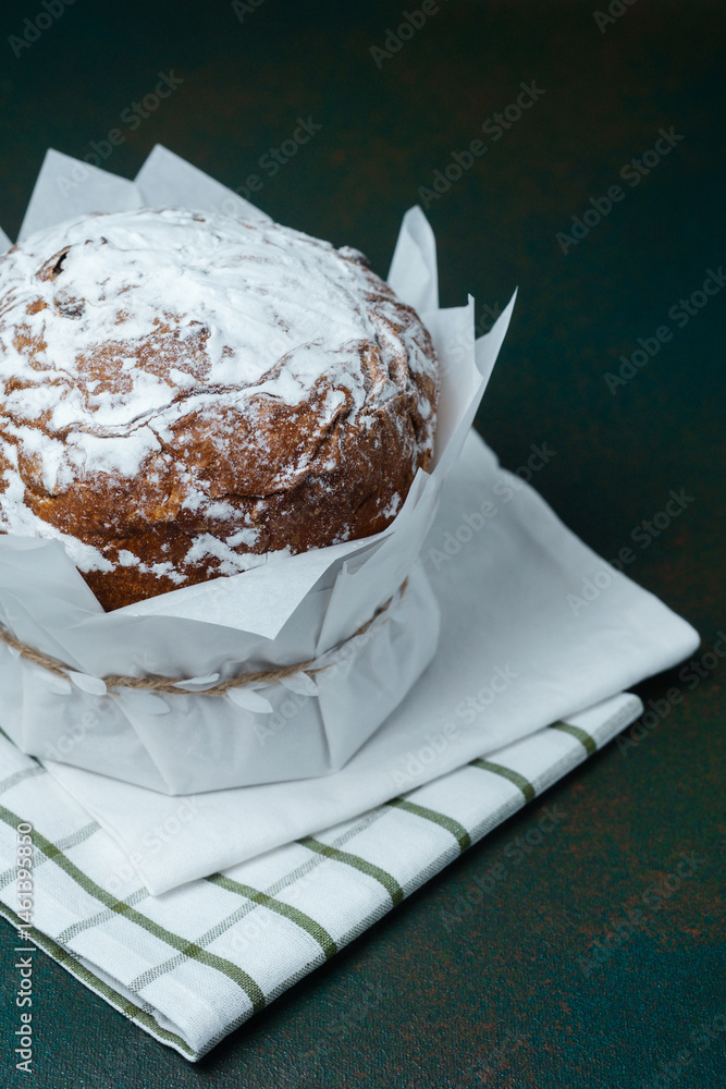 Easter cake with powdered sugar close up on a green background