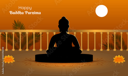Vector illustration of Buddha meditating in a beautiful calming background. Happy Buddha Purnima.