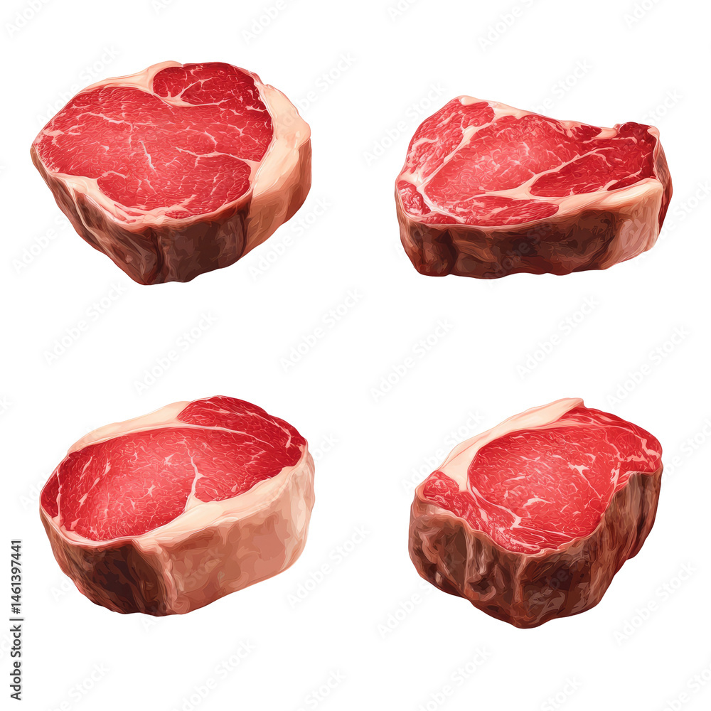 Four different cuts of fresh, raw steak Four different cuts of fresh, raw steak