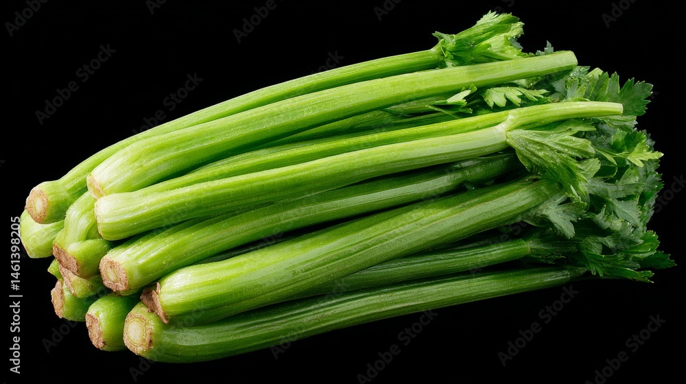 Fototapeta premium Fresh, Vibrant Celery Stalks Arranged on a Black Background, Light Green Tones, Isolated