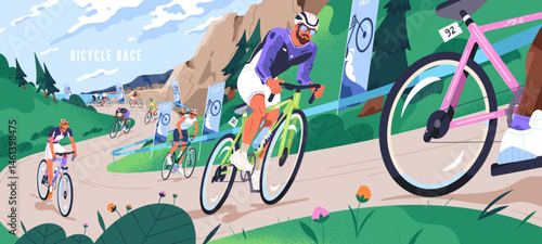 Tour de France. People in safety helmets ride a road bikes on race. Cyclists are at sports competition. Bicyclists are on bicycles on rally track. Cycling contest outdoors. Flat vector illustration