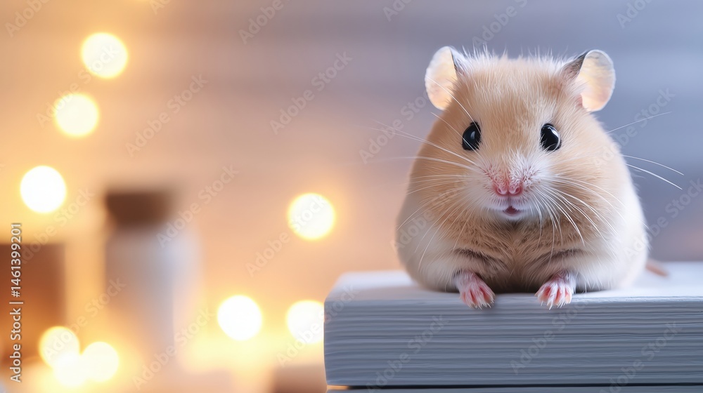 Fototapeta premium A cute hamster sits atop a powerpoint presentation background with copy space available for your text needs.