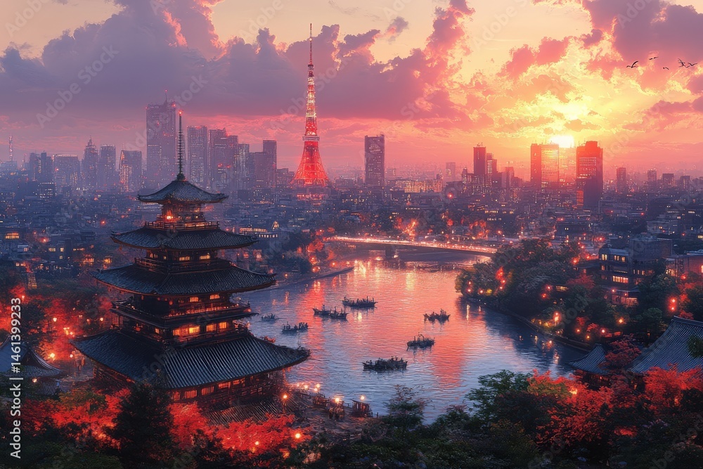 Fototapeta premium Cityscape featuring traditional structures at sunset