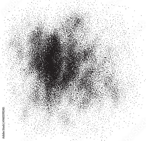A dense collection of small dark dots spreads across a white background.