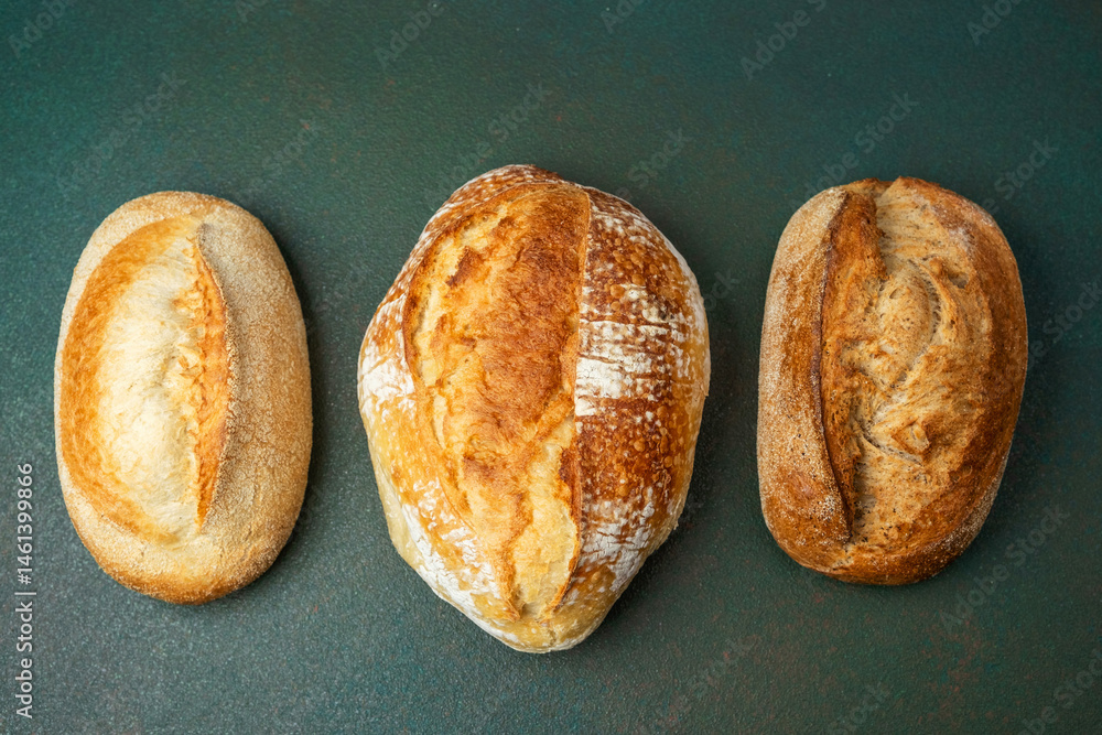Freshly baked loaves of bread on a green countertop in a bakery