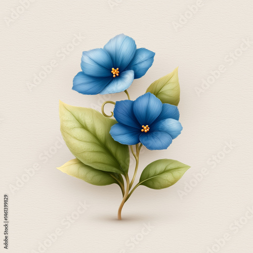 Azure Blossom: A captivating composition of two vibrant blue blossoms in full bloom. Leaves are a refreshing mix of verdant green and muted pastel hues, which create a timeless natural elegance.