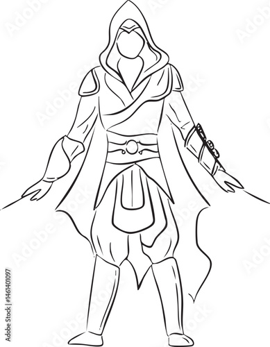 A hooded figure stands in a flowing robe holding a sword.