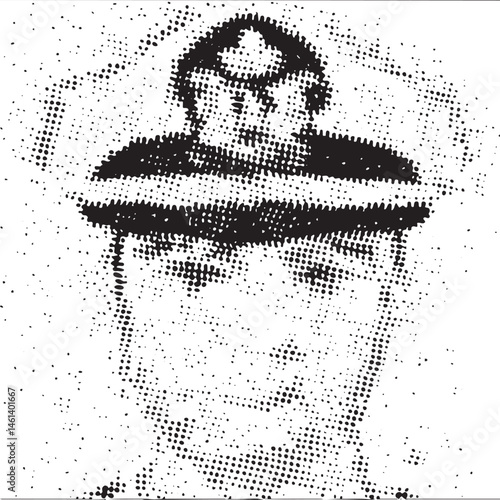 A grayscale portrait reveals a human head partially concealed within a stylized saucer-shaped object.