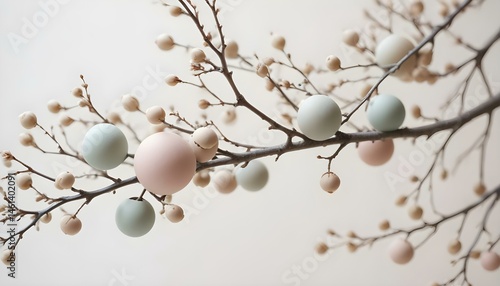 Close-up of a branch decorated with pastel spheres and buds, creating a soft scene.