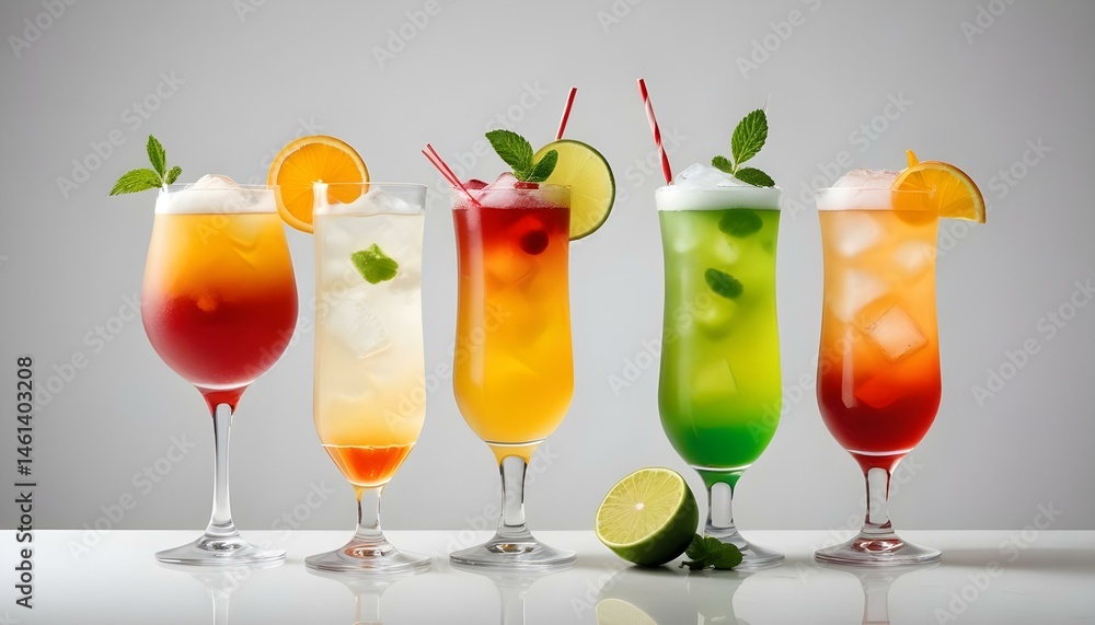 Fototapeta premium A beautifully arranged lineup of vibrant cocktails, garnished for a perfect refreshing experience.