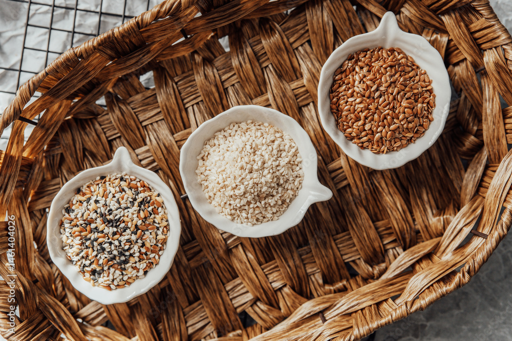 Different types of seeds displayed in bowls on a woven tray