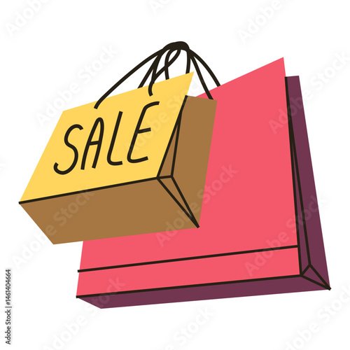 Shopping bags with sale tags and discount offers. Minimalist clip art