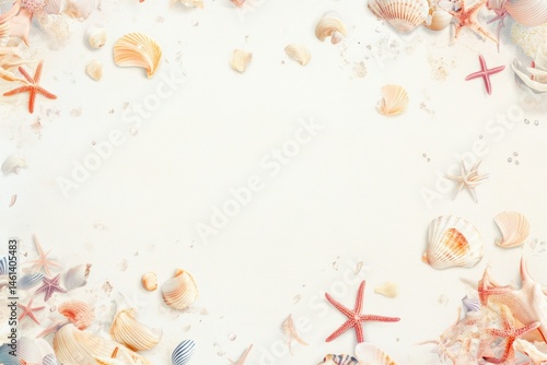 Playful toss of seashells and tiny starfish in pastel gradients with a subtle off-white background