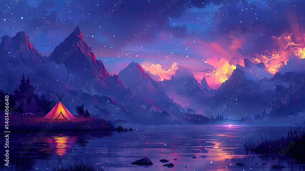 Naklejka premium Evening landscape featuring a tranquil mountain lake and a campsite.