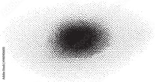 A black circular shape emerges from a white background with numerous small dots.