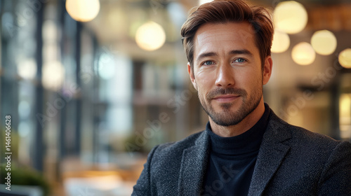 Ein freundlicher 35-jähriger nordeuropäischer Mann steht in einer modernen, urbanen Lobby und lächelt in die Kamera