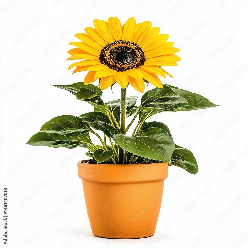 Obraz premium Vibrant Yellow Sunflower in Terracotta Pot Against White Background