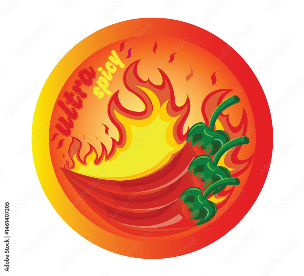 Fototapeta premium Hot red chili pepper in a circle. Sticker for spicy food. vector illustration