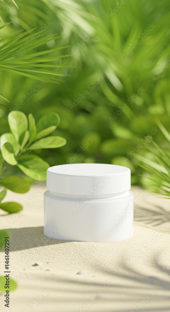 White cosmetic jar mockup with lid on sand, framed by blurred tropical green leaves against blue sky. Summer skincare product packaging. Blank template. White cosmetic jar mockup with lid on sand, framed by blurred tropical green leaves against blue sky. Summer skincare product packaging. Blank template.