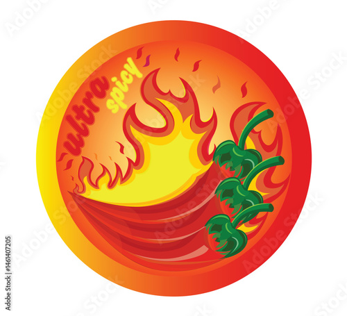 Hot red chili pepper in a circle. Sticker for spicy food. vector illustration