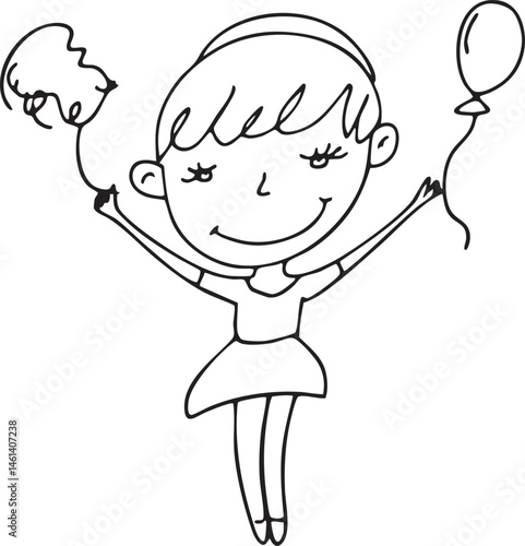 A cheerful girl joyfully holds balloons with outstretched arms.