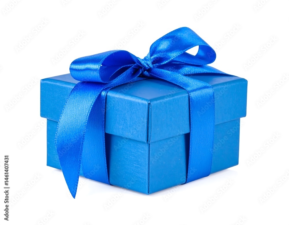 Obraz premium Blue satin ribbon Gift box with a bow on a white background,birthday,gift box, white background, chic, clipping path, cut out, elegant, horizontal, joyful, luxury, 