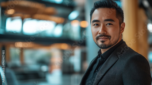 Ein freundlicher 35-jähriger asiatischer Mann steht in einer modernen, urbanen Lobby und lächelt in die Kamera