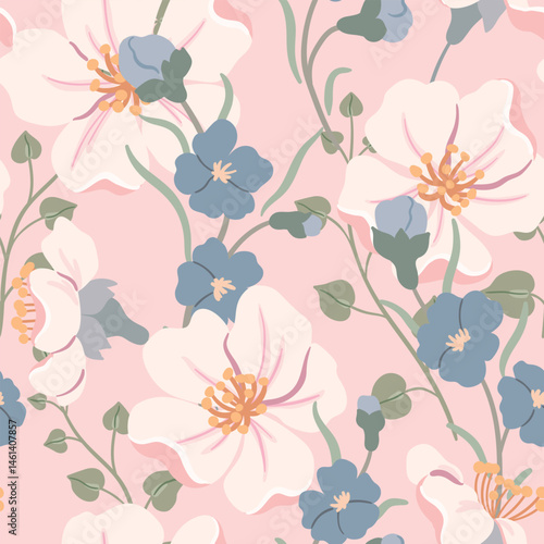 Seamless floral pattern, delicate ditsy print of hand drawn wildflowers. Romantic botanical design in pastel colors. Large white flowers, small cute flowers, leaves on pink field. Vector illustration.