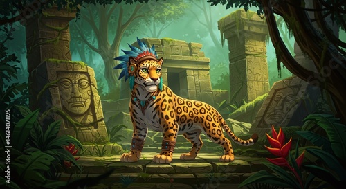 Fototapeta Naklejka Na Ścianę i Meble -  Jaguar in Jungle Ruins: A majestic jaguar stands proudly amidst ancient ruins of a forgotten civilization, with detailed rendering of lush jungle foliage and intricate stone carvings.