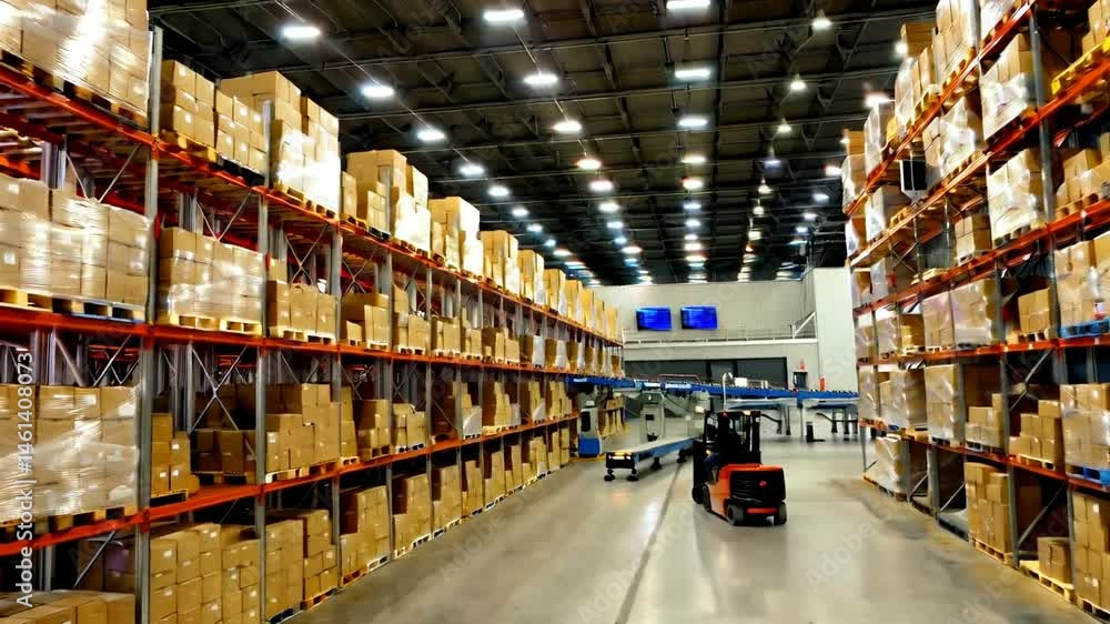 A well-organized warehouse interior filled with cardboard boxes and a forklift in operation. The image depicts a large-scale distribution center with a focus on storage, logistics, and supply chain A well-organized warehouse interior filled with cardboard boxes and a forklift in operation. The image depicts a large-scale distribution center with a focus on storage, logistics, and supply chain