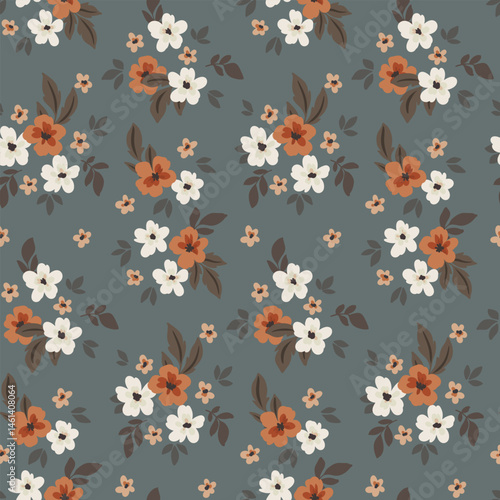 Seamless floral pattern, liberty ditsy print in natural autumn colors. Pretty botanical design of small hand drawn flowers, tiny leaves, simple mini bouquets on gray background. Vector illustration.