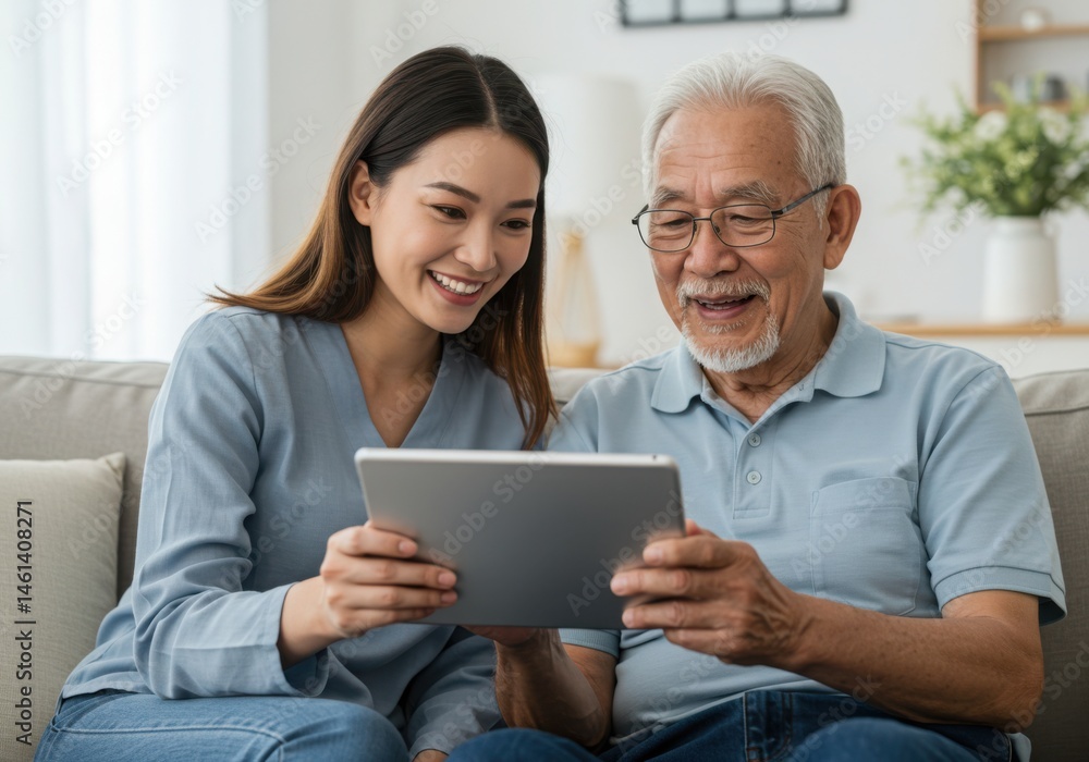 Woman and senior man looking at tablet screen while sitting on a couch smiling Woman and senior man looking at tablet screen while sitting on a couch smiling