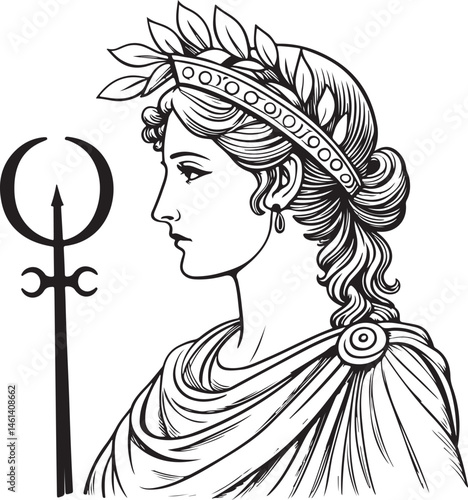 Hera Goddess, Greek God, Deity of Greece, Black and White Vector Illustration, Sketch Drawing Line Linear Symbol Icon Engraving, Hand-drawn Isolated