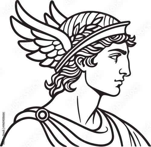 Hermes, Greek God, Deity of Greece, Black and White Vector Illustration, Sketch Drawing Line Linear Symbol Icon Engraving, Hand-drawn Isolated