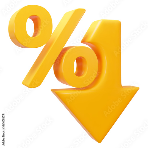 3d low price icon. Yellow percent with arrow down. Crisis concept sign. Stock vector illustration on isolated background.