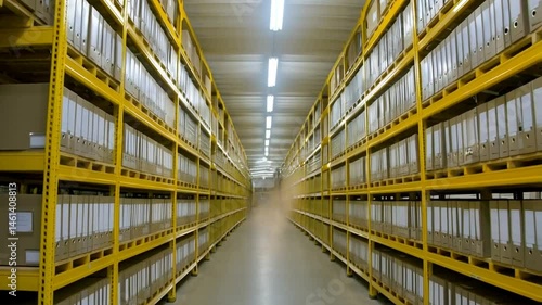 An expansive archive space with rows of files and folders neatly arranged on shelves, demonstrating organization and data storage
