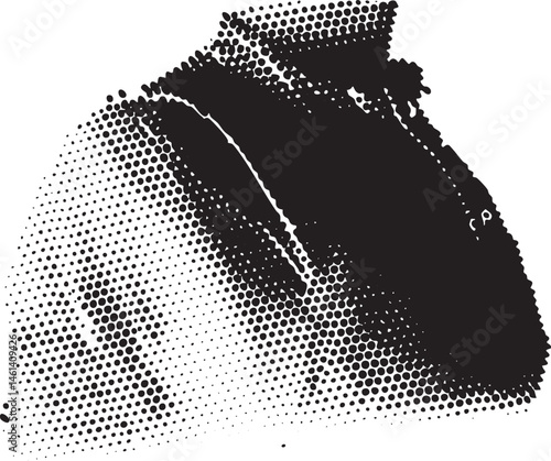 A stylized black and white of a large rounded head with dot