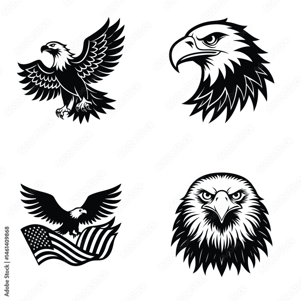 Fototapeta premium Bald Eagle Silhouette Bundle, Patriotic American Bird Poses