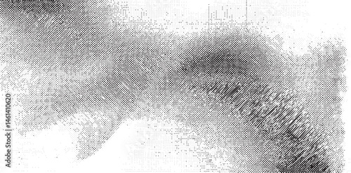 A solitary figure stands within a textured monochromatic wash of gray and white.