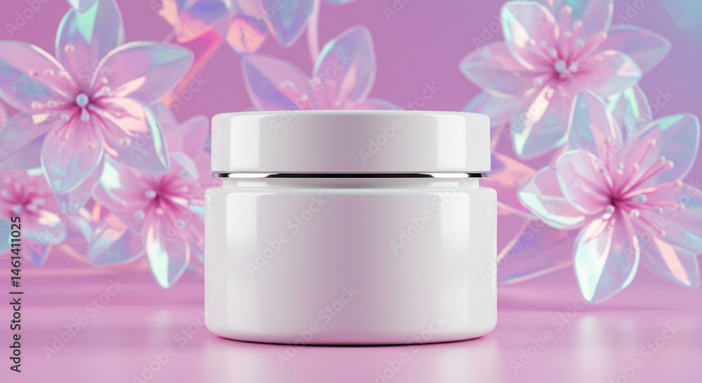 White cosmetic jar mockup with lid on pink surface, blurred background of abstract iridescent floral crystal shapes. Modern beauty product packaging scene. White cosmetic jar mockup with lid on pink surface, blurred background of abstract iridescent floral crystal shapes. Modern beauty product packaging scene.