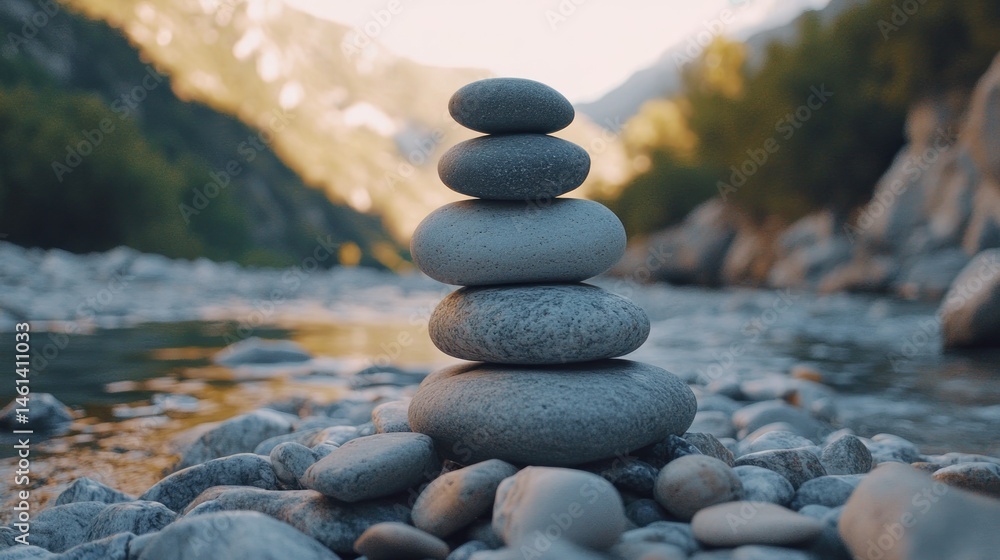 Balanced stones by a mountain river Balanced stones by a mountain river