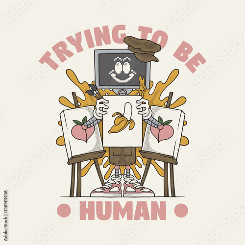 retro cartoon mascot of robot painter