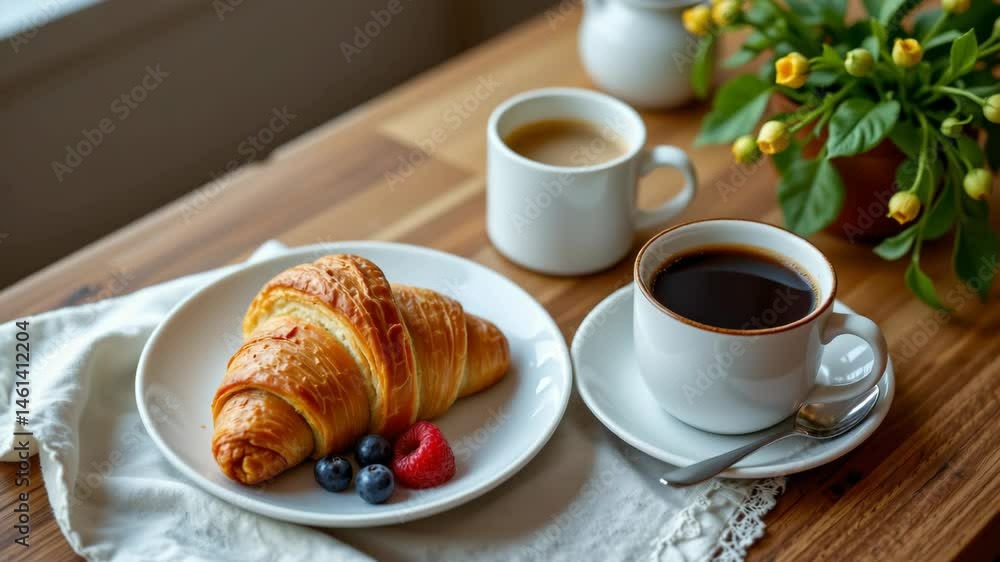 A croissant with fresh berries on a plate, alongside two cups of coffee on a wooden table with a flower pot. A croissant with fresh berries on a plate, alongside two cups of coffee on a wooden table with a flower pot.