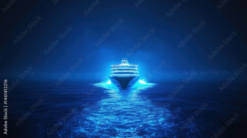Fototapeta premium Ocean Liner at Night, Blue Light Glow