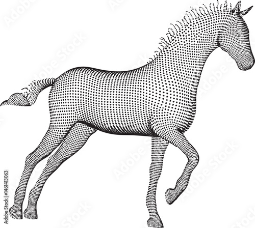A stylized black and white horse features a dotted covering its form.